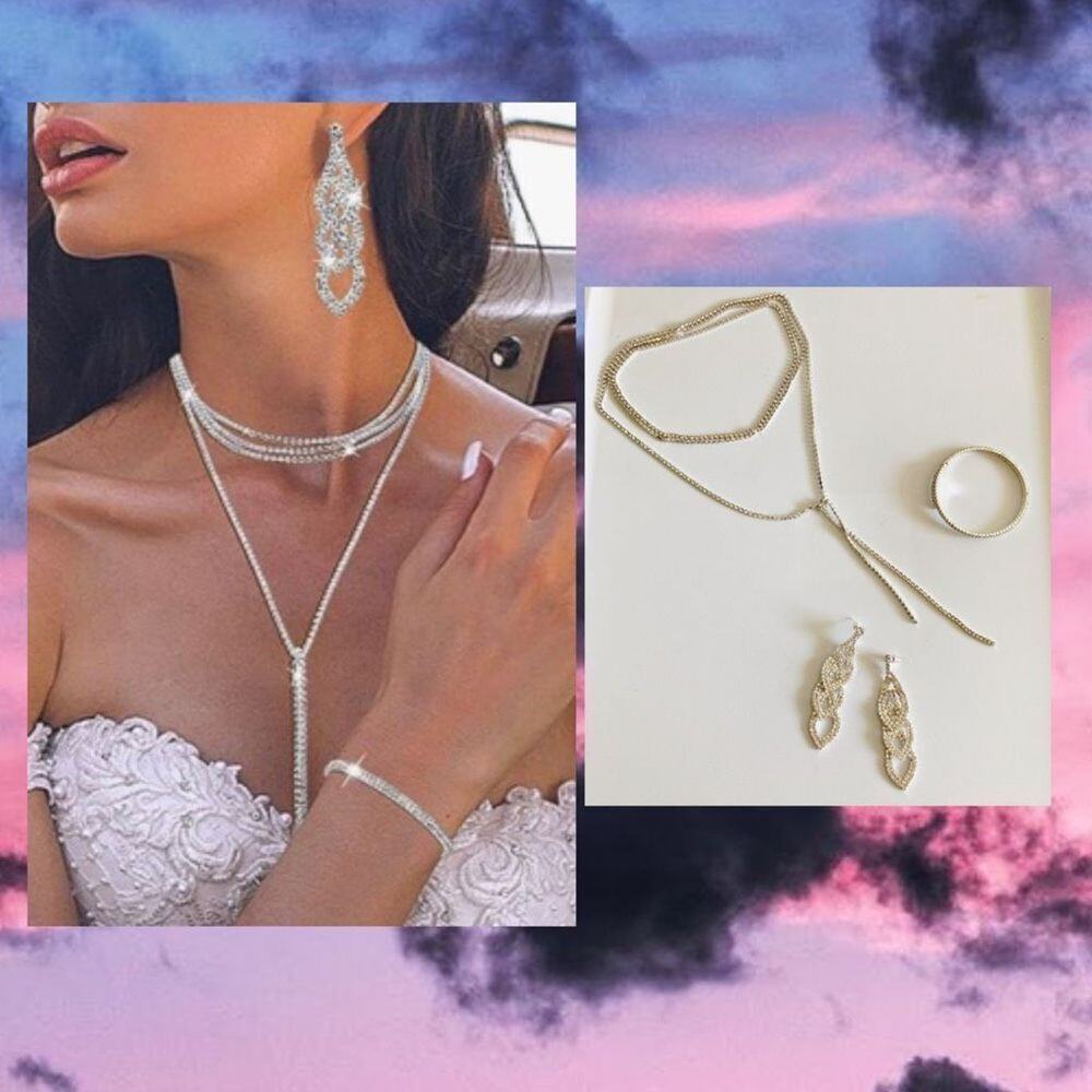 Silver Rhinestone Jewelry Set 3 Pieces Crystal Dangle Fringe Earrings Bridal We